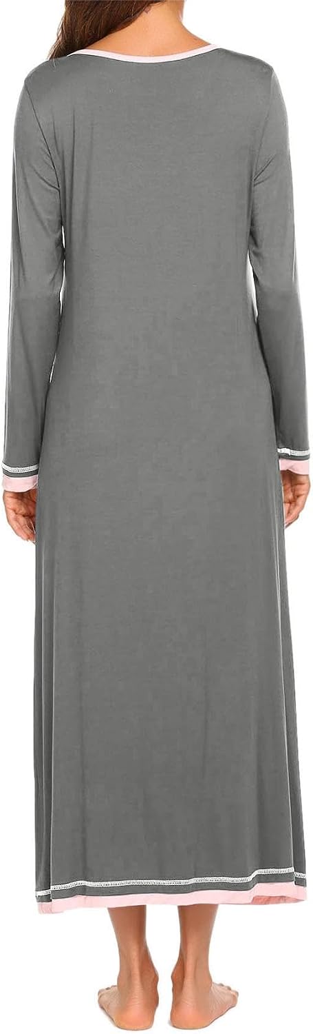 Ekouaer Damen Nachthemd Langarm Elegant Sleepshirt Weich Schlafkleid Lange Nachthemden Kontrastfarbe