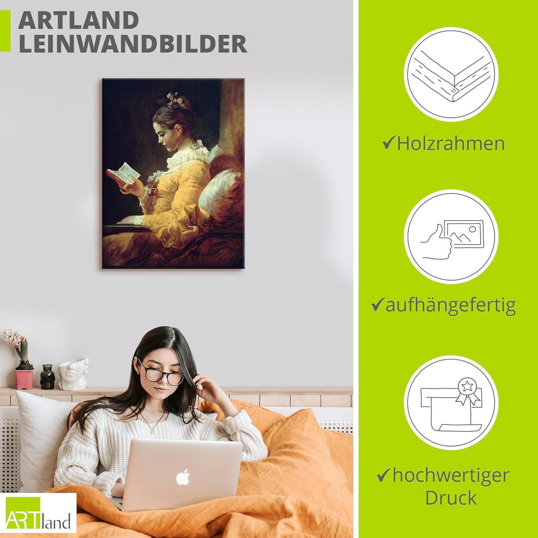 ARTland Leinwandbild Wandbild Bild auf Leinwand 60x80 cm Wanddeko Frau Buch Ruhe Lesendes Mädchen 17