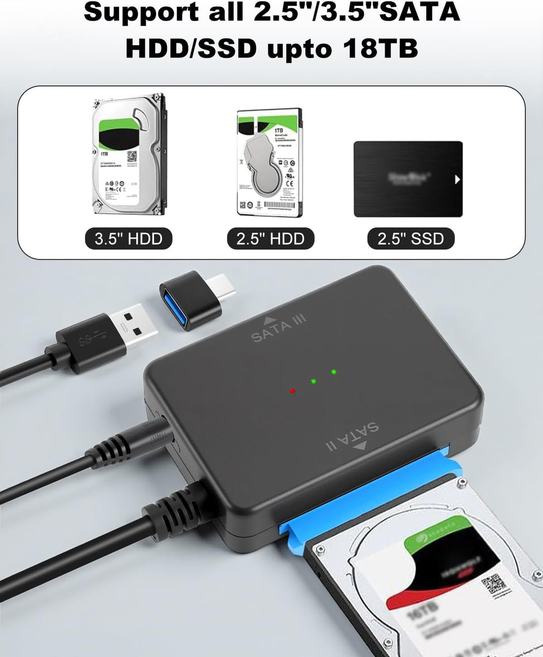 APKLVSR USB 3.0 auf SATA III/II Adapterkabel mit zwei Anschlüssen für 2,5" & 3,5" HDD/SSD, externer
