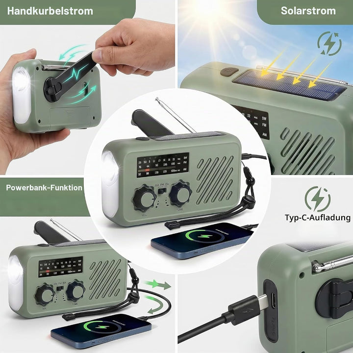 Notfall Radio, 3-Wege-Ladung (Solar, Kurbel, USB-C) Powerbank, 2000mAh Akku, AM/FM Radio, SOS, LED-T