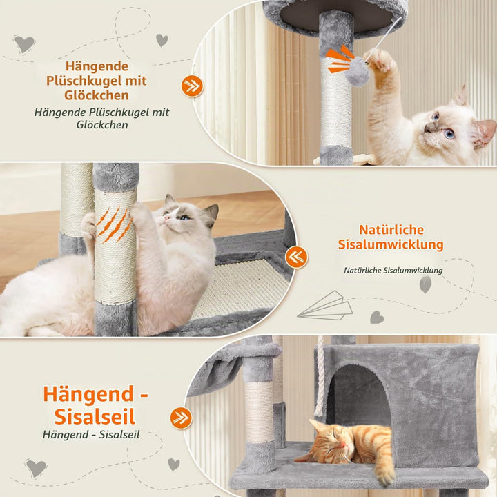 Nobleza Katzenbaum Kratzbaum Gross 148cm, Kletterturm mit 9 Sisal Säulen, 2 Plattformen, Hängematte