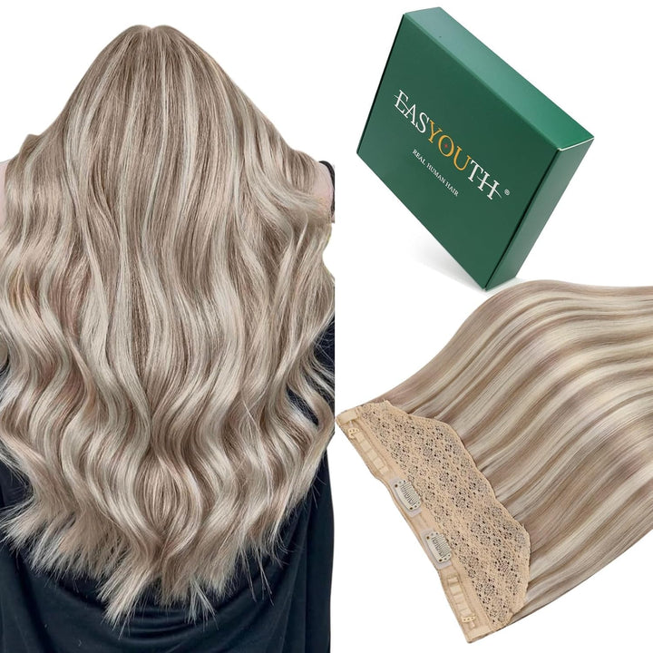 Easyouth Extensions Echthaar mit Draht Haarteile Echthaar Draht 80g 16 Zoll Farbe Ash Brown Mix Plat