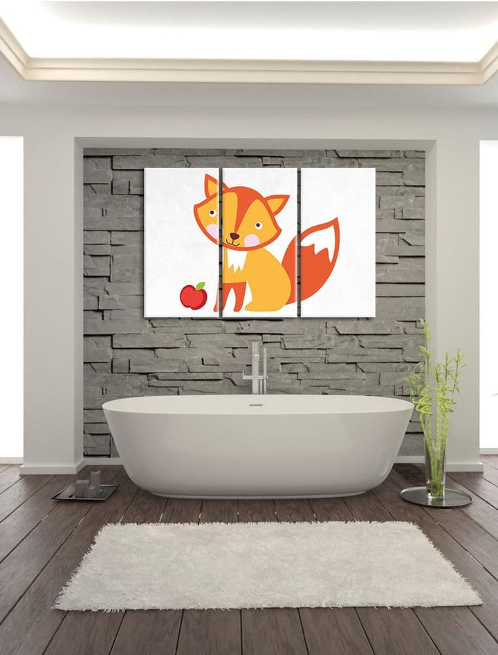 Pixxprint Niedlicher Fuchs mit Apfels als Leinwandbild/Grösse: 3 Teilig (120x80) cm/Wandbild/Kunstdr