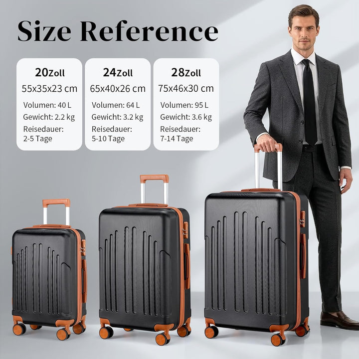 LALAHO Zwillingsrollen Reisekoffer Handgepäck Koffer Trolleys Hartschale M-L-XL-Set (Schwarz-Braun,