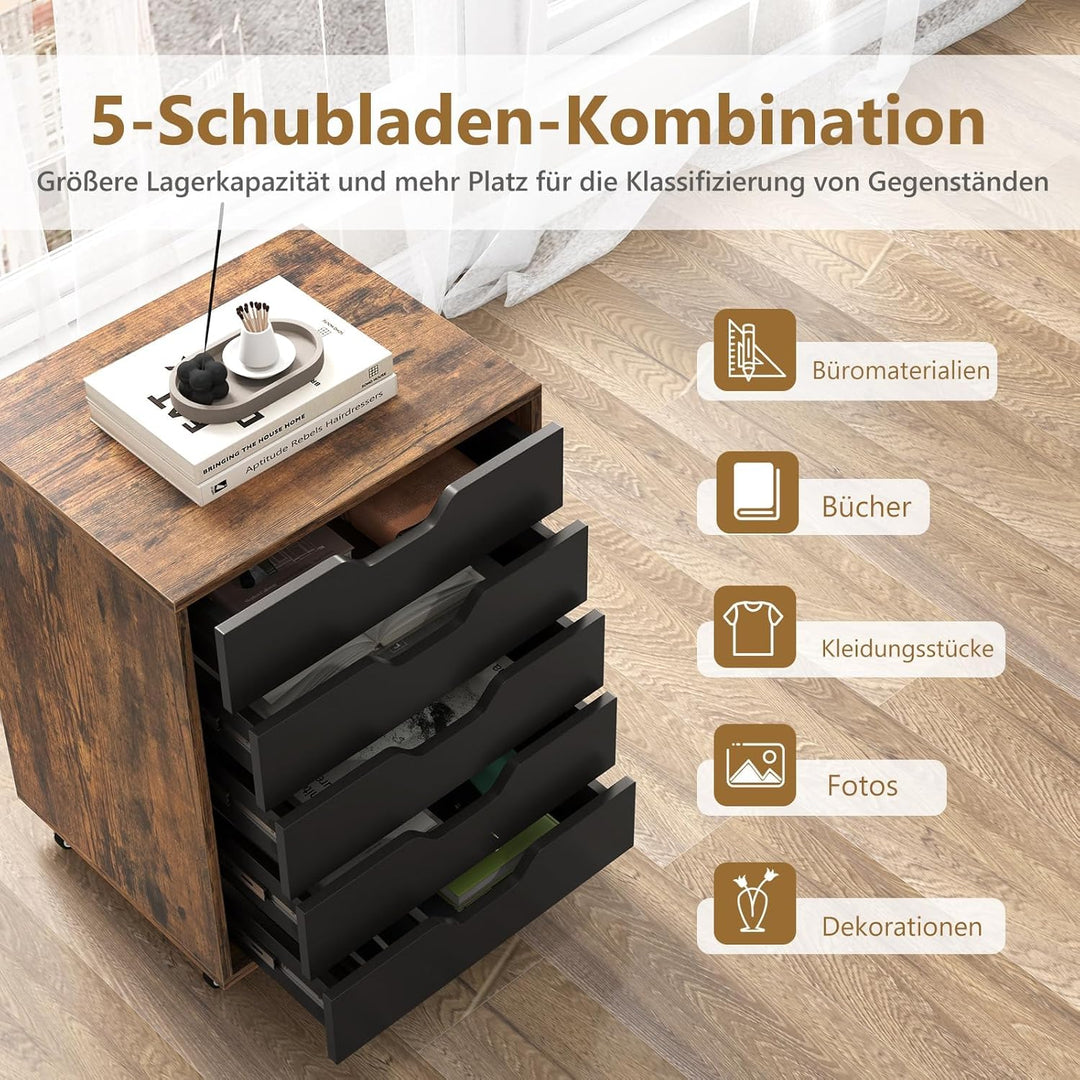 FANTASK Schubladenschrank mit 5 Schubladen, mobiler Aktenschrank mit Rädern, Rollen Schrank für Zuha