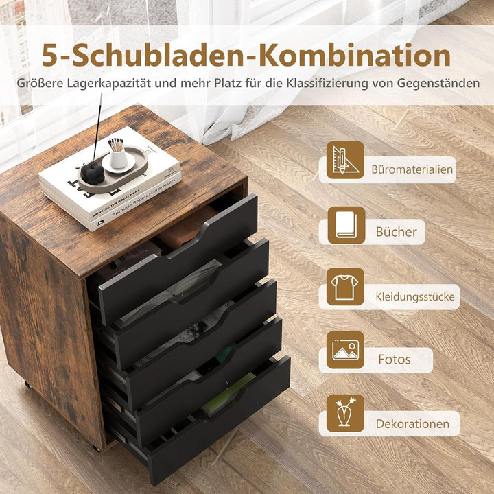 FANTASK Schubladenschrank mit 5 Schubladen, mobiler Aktenschrank mit Rädern, Rollen Schrank für Zuha