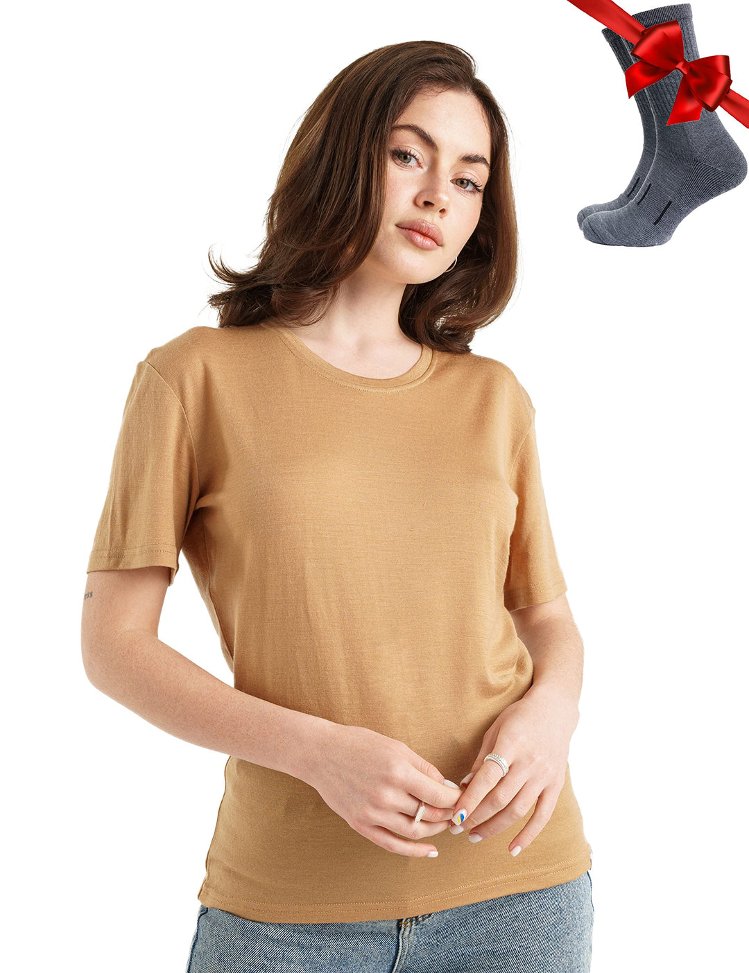 Merino.tech 100% Merino Shirt Damen Wandern &amp; Alltag + Wandersocken L Camel, L Camel