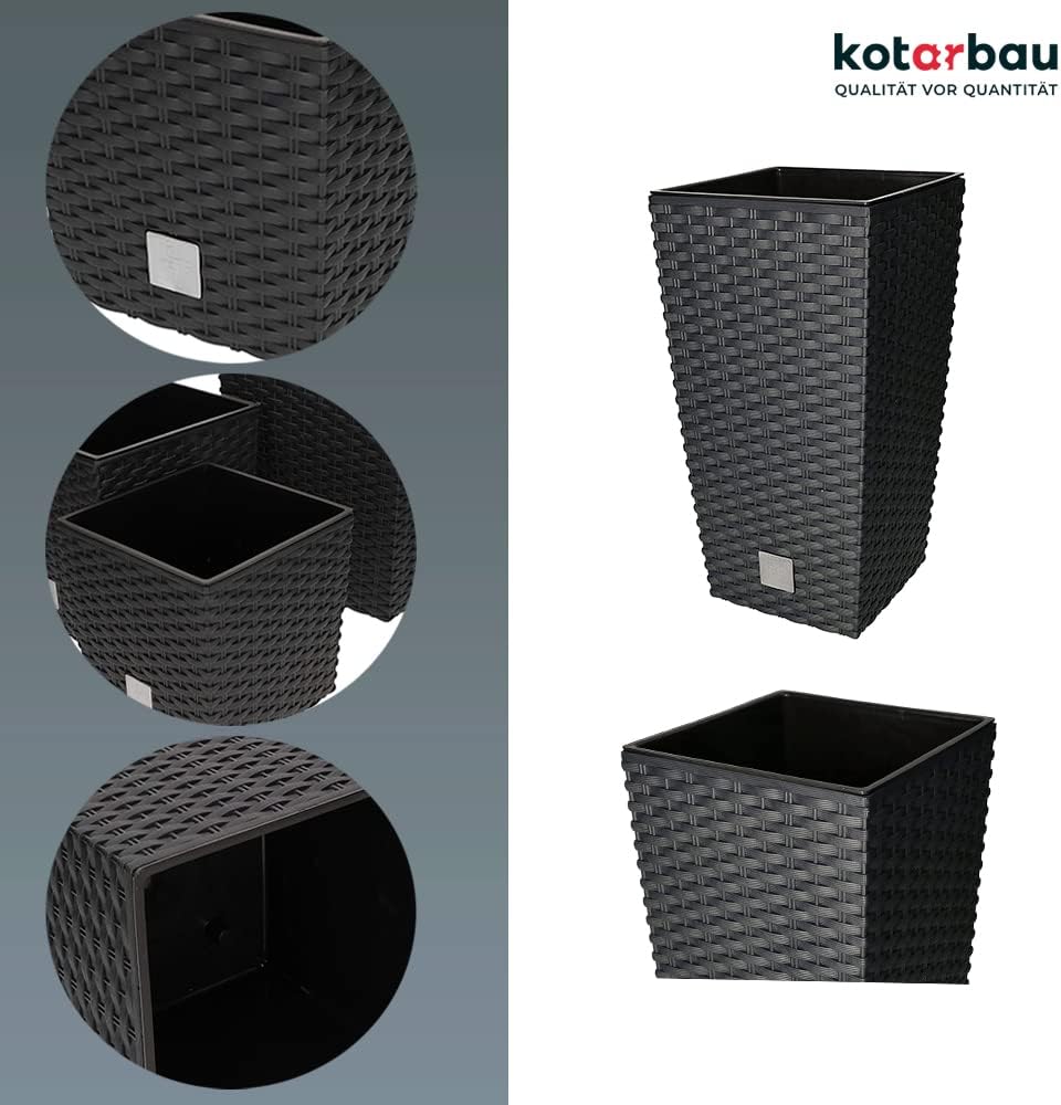 KOTARBAU® Blumentopf 170x170x324mm Rattandesign Quadratisch mit Innentopf Anthrazit, 170x170x324mm