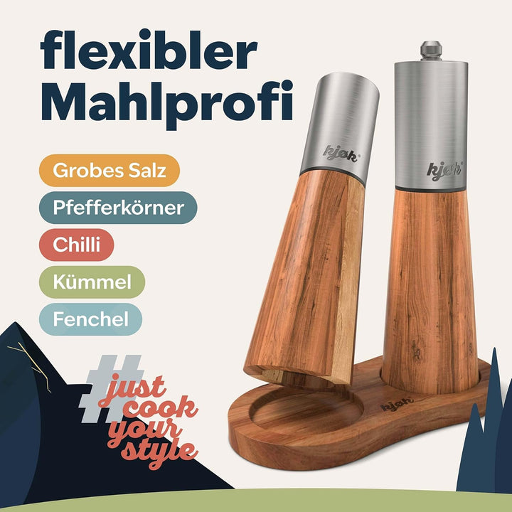 kjøk Premium Salz und Pfeffer Mühle Edelstahl und massives Akazienholz mit Untersetzer, Reinigungsbü