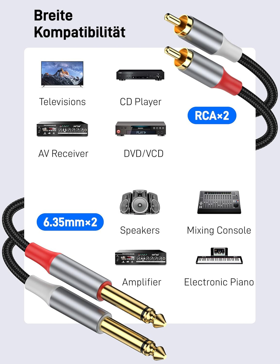 RCA zu 6,35mm Kabel, 5 m, robustes 6,35mm Stecker zu RCA Stecker Adapter Stereo Audio-Verbindungskab