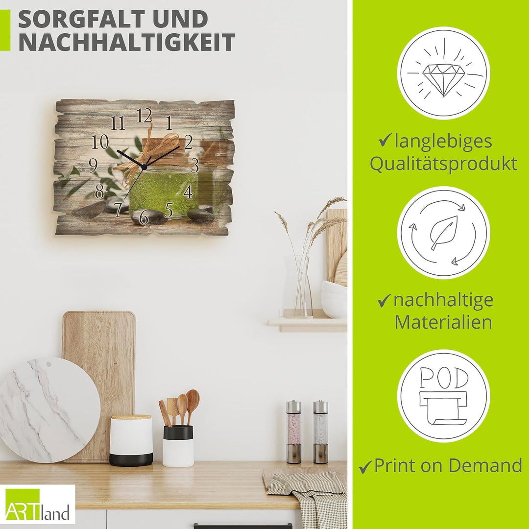 ARTLAND Wanddeko Wanduhr ohne Tickgeräusche aus Holz Funk Uhr lautlos Rechteckig 40x30 cm Wellness S