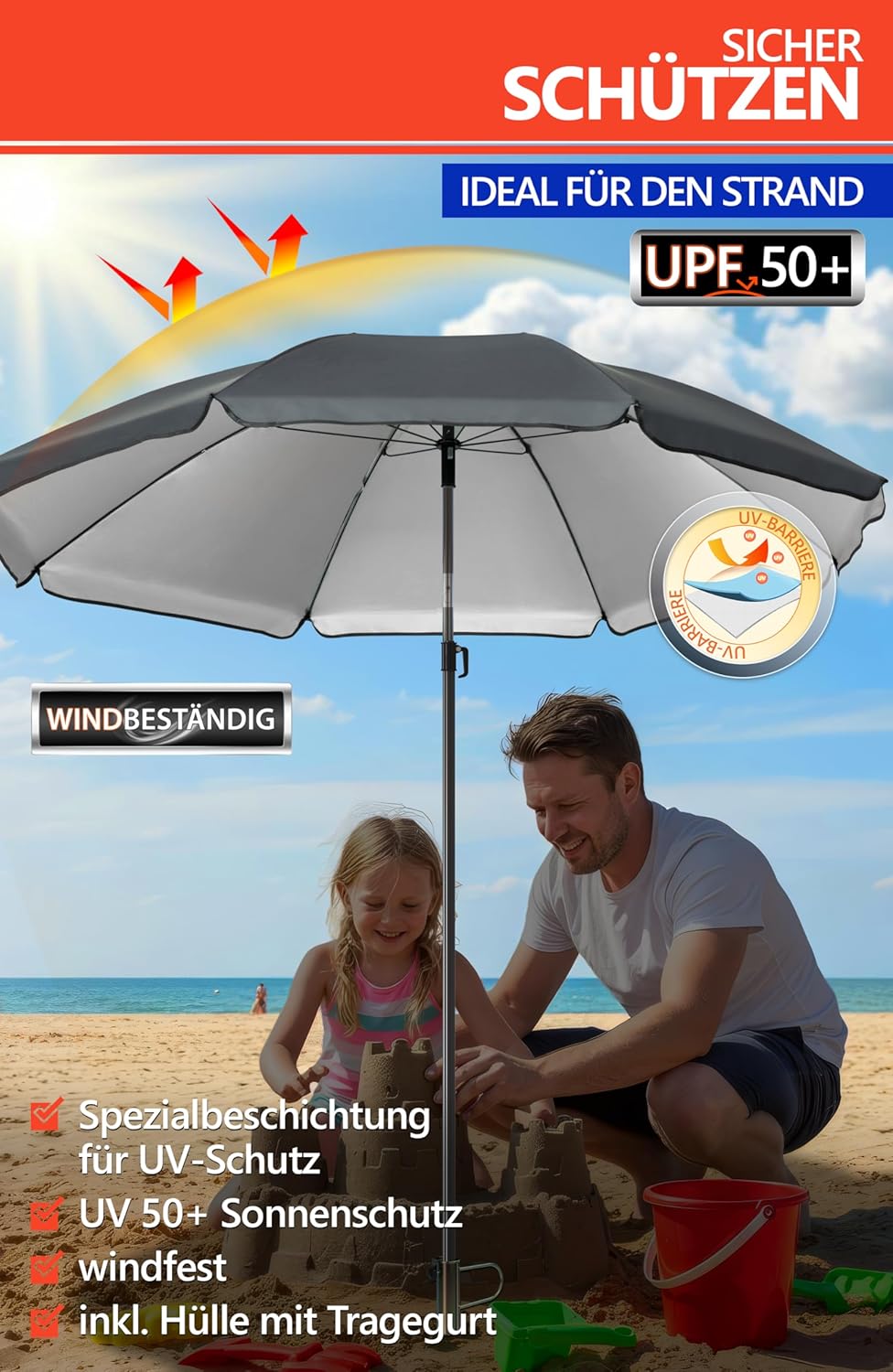 4smile Sonnenschirm Strand SunnyJoy Ø 160 cm, Anthrazit – 3er Set inkl. Strandschirm windfest stabil
