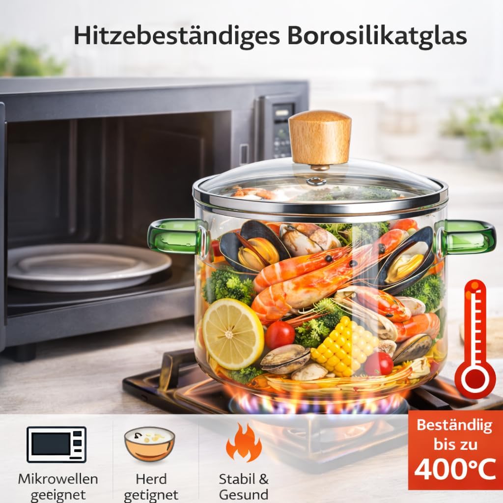 Transparenter Borosilikat-Glaskochtopf 1,6l – Mikrowellengeeignet, Hitzebeständig, Doppelgriff – Fam