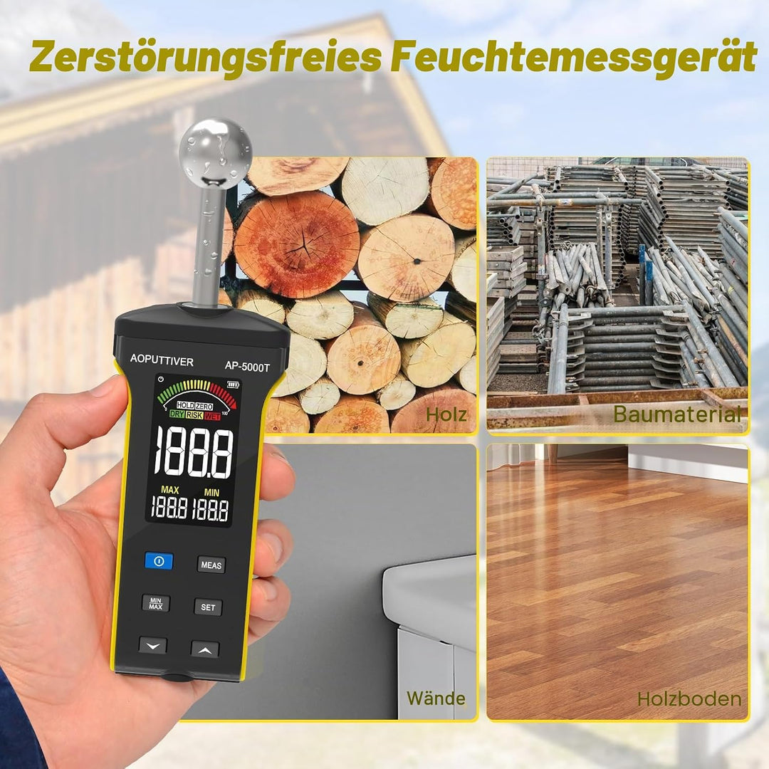 AOPUTTRIVER Pinless Feuchtemessgerät, Holzfeuchtemessgerät für Wände, Holz, Mauerwerk und Beton mit