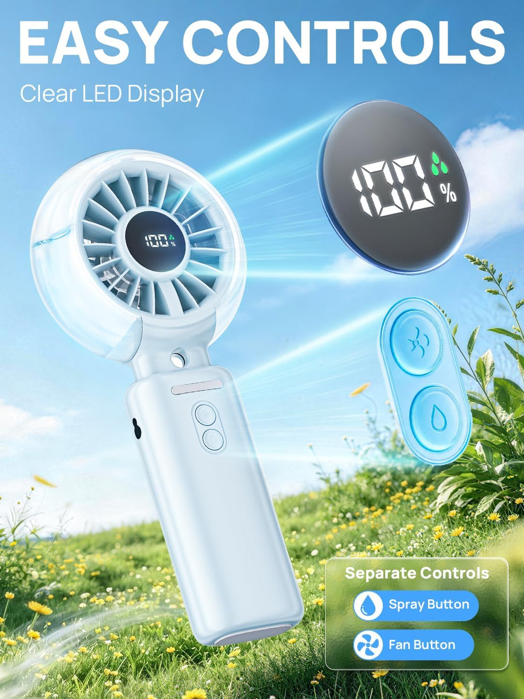 Handventilator Akku Aufladbar mit Wasserkühlung - 100 Stufen Tragbarer Mini Ventilator, 6000mAh Akku