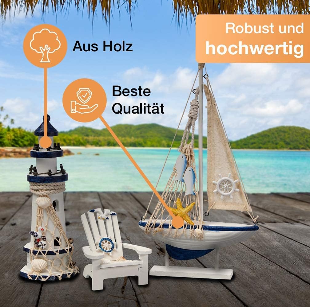 Flanacom Badezimmer Deko - 3er Set - Maritime Badezimmer Deko - Leuchtturm, Segel-Schiff und Strand-