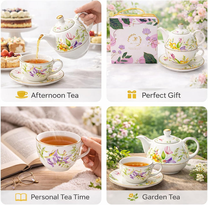 Porcelain Tea for One Set Beautiful Flower Ceramic Teapot with Cup Gifted Box (Tulip), Tulip