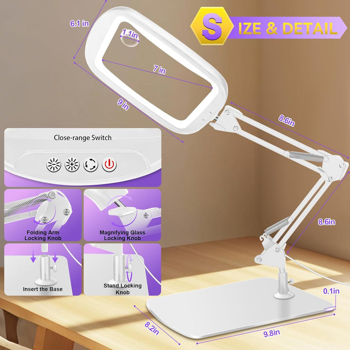 NZQXJXZ 10X 30X Rechteck Lupe mit Licht und Ständer, 60 LED-Beleuchtete Lupenlampe, 5 Farbmodi, 4 Di