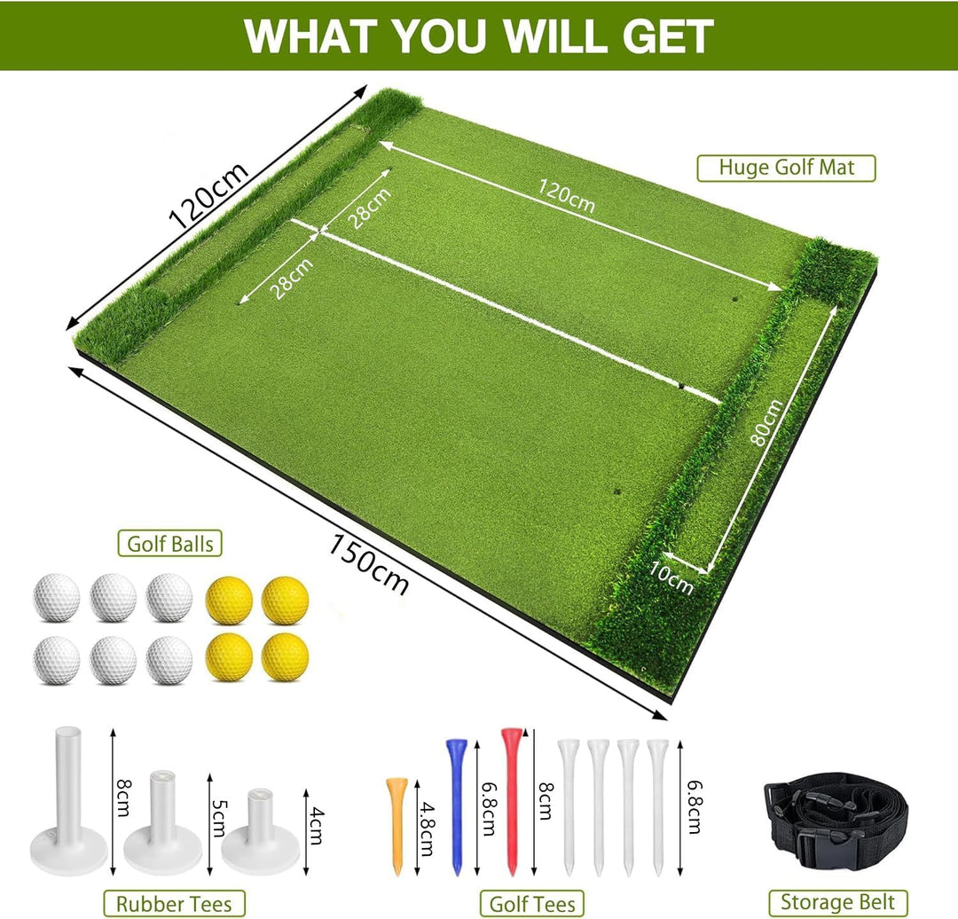 Golfmatte 150 x 120cm, Golf Abschlagmatte, Golf Übungsmatte mit 10 Golfbällen & 3 Gummi-Tees, 6 Absc