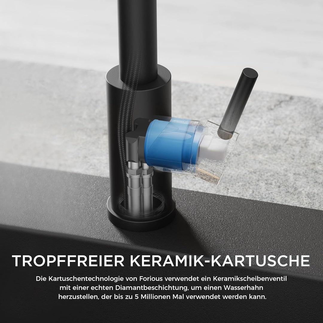 FORIOUS Wasserhahn Bad Schwarz 360° Drehbar, Waschtischarmatur Schwarz Hoch Warm/Kaltwasser Edelstah