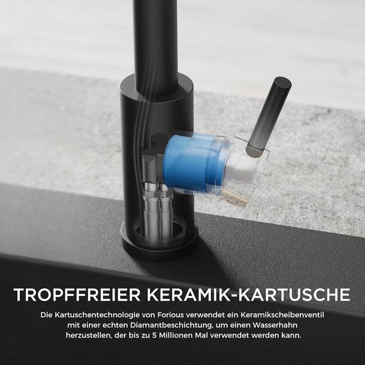 FORIOUS Wasserhahn Bad Schwarz 360° Drehbar, Waschtischarmatur Schwarz Hoch Warm/Kaltwasser Edelstah