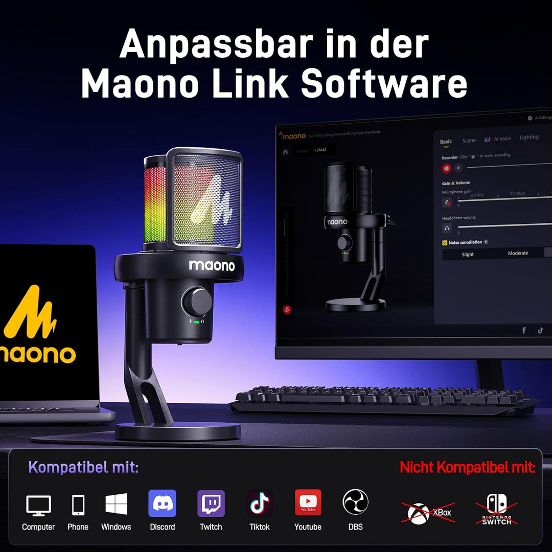 MAONO Mikrofon Kabellos für PC, Gaming Mikrofon mit Software-AI-Stimmänderung, Geräuschunterdrückung