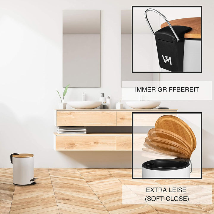 VMbathrooms 3L Kosmetikeimer in edlem weissem Design | Tretmülleimer mit Absenkautomatik (Soft Close