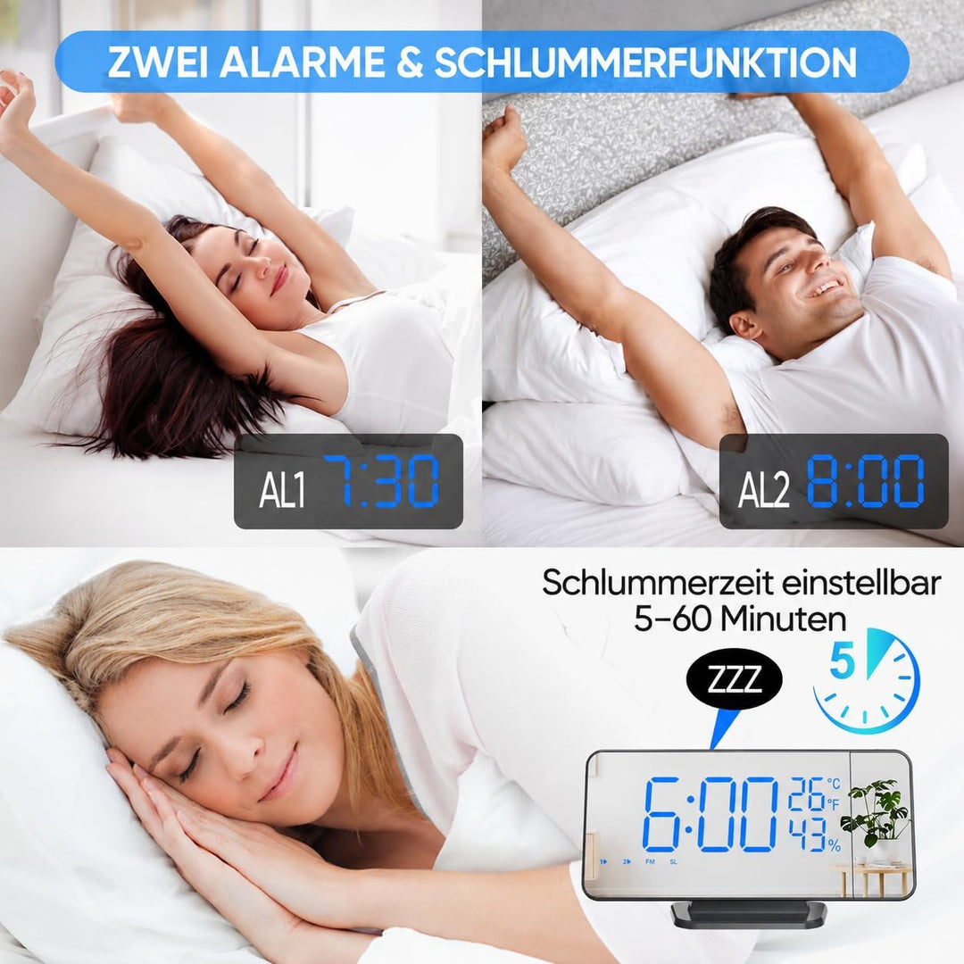 TAKRINK Wecker Digital Radiowecker mit 4 Stufen Bildschirmhelligkeit Projektionswecker mit Temperatu