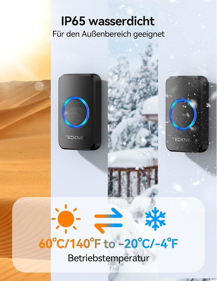 TECKNET Funkklingel, IP65 Funk klingel Set Aussen Wasserdicht, Kabellose Türklingel 600M Reichweite,