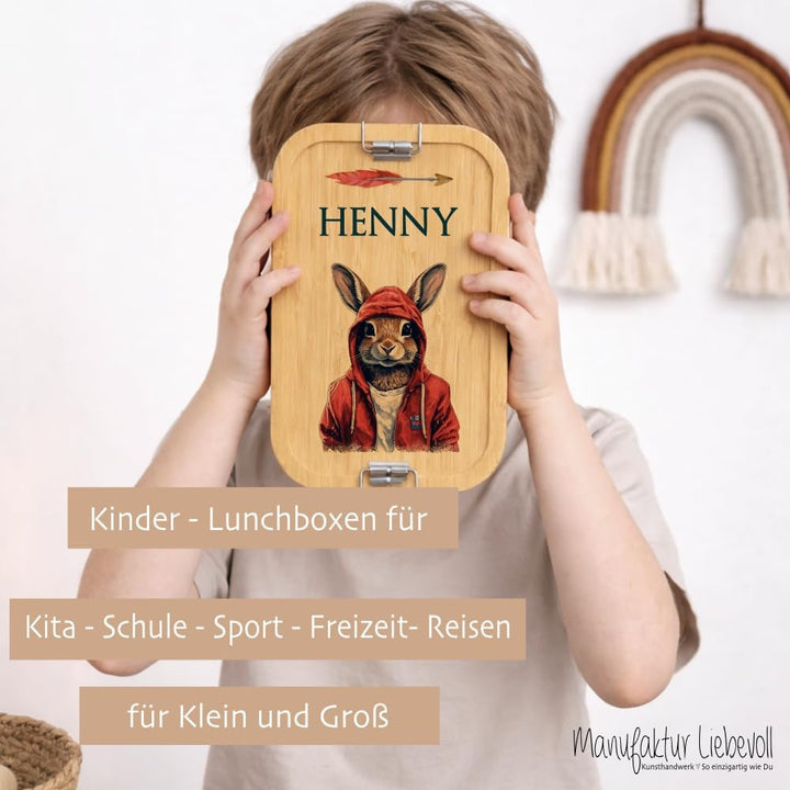 Manufaktur Liebevoll - Personalisierte Brotdose mit Fächern, Edelstahl Lunchbox mit Bambus Deckel u.