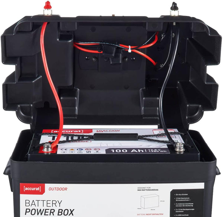 Accurat Outdoor Batteriebox - 12V, 100 Ah, Zigarettenanzünder, USB, Schutzschalter, LED Anzeige - Po