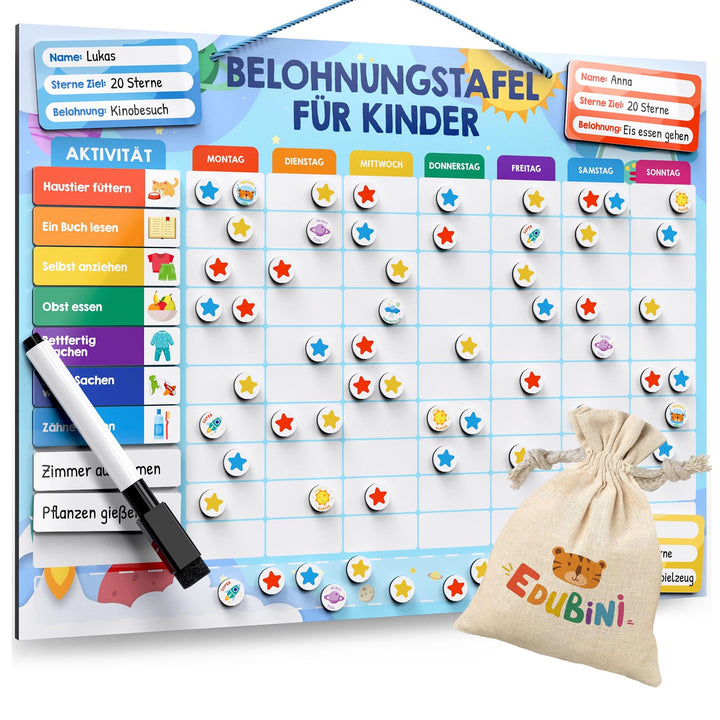Edubini Belohnungstafel Kinder - [100 Aufgaben + 350 Magnete] - Belohnungssystem für Verantwortung -