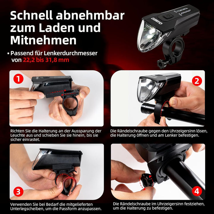 Fahrradlicht Vorne StVZO, Osram LED mit Auto-Sensor 4 Leuchtmodi, IPX4 wasserdicht, USB-C wiederaufl