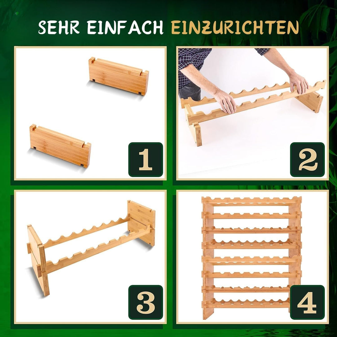 NutriChef Weinregal aus Bambus Holz – 72 Flaschen, 4 Etagen – Stapelbares Flaschenregal für Keller o