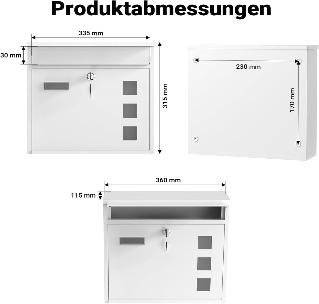 Wiltec Briefkasten V12 weiss 360 x 115 x 320 mm, Wandbriefkasten mit Schloss, Sichtfenstern und Name