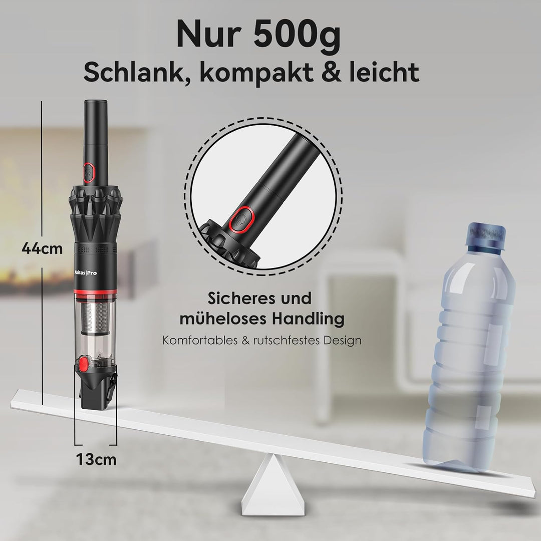 Akitas Pro H2 Handstaubsauger, Handstaubsauger Akku - 0,5 kg Ultra-Leichter Staubsauger: Bis zu 26 M