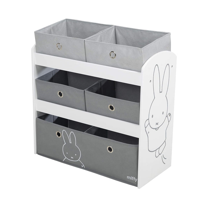 roba Spielregal miffy® - Spielzeugregal für Kinderzimmer mit 5 graue Boxen aus Stoff - Hasen Motiv -