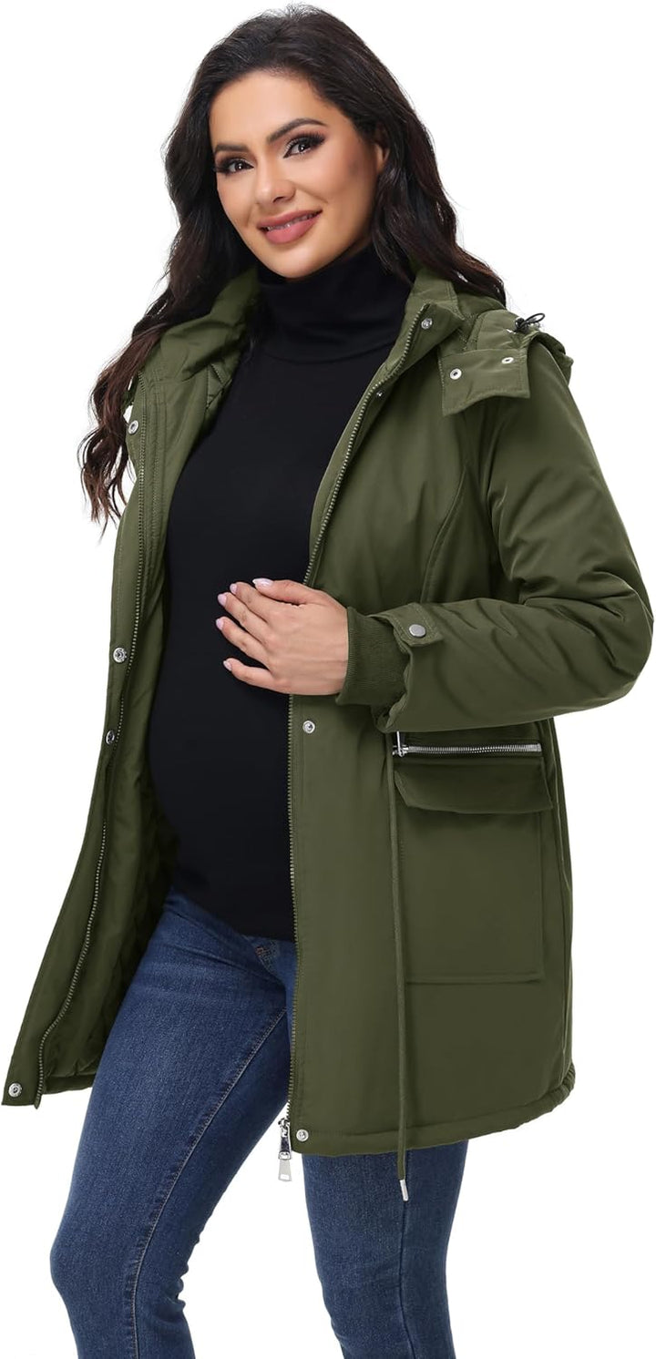 Maacie Umstands Baumwolljacke 3 in 1 Winter Langer Puffer Daunenjacke Parka mit Kapuze mit Taschen W