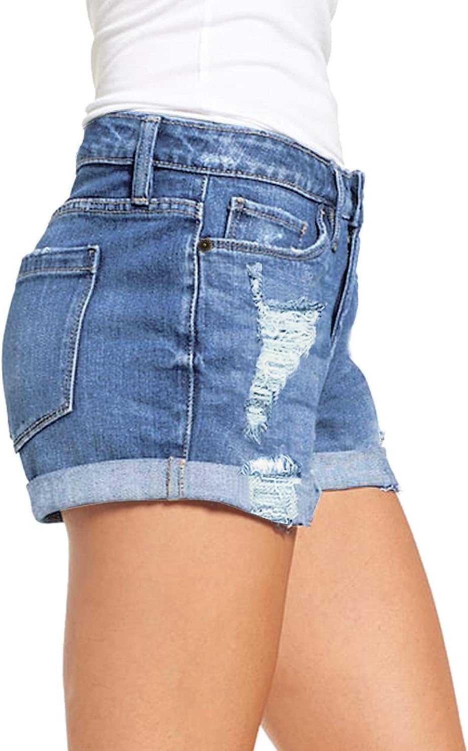 Necooer Damen Casual Ripped Denim Shorts Mittlere Taille Kurze Jeanshose mit Taschen S Hellblau, S H
