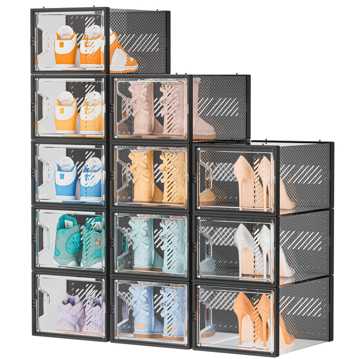 Schuhboxen Stapelbar Transparent, 12er Pack Schuhkarton mit Deckel, Schuhaufbewahrung für Stöckelsch