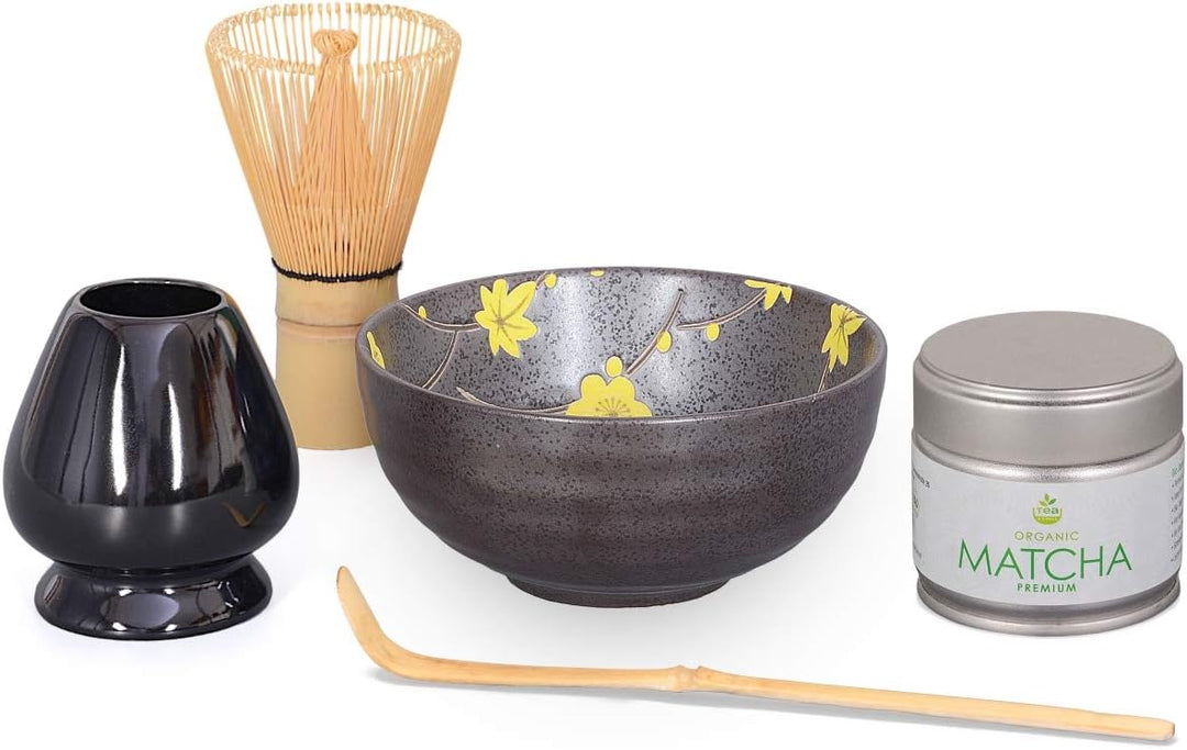 Matcha Komplett Set 5-teilig: Schale anthrazit/gelb 250ml, Bambuslöffel, Bambusbesen, Besenhalter un