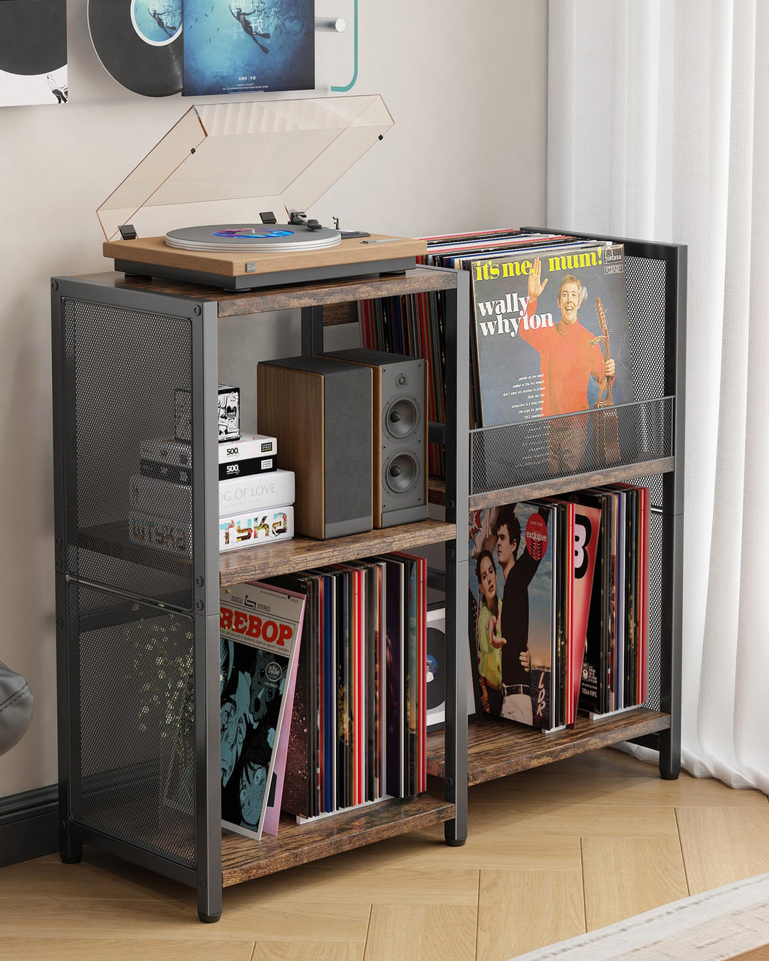 Plattenspieler-Ständer mit Stauraum für Vinylplatten, Vinyl Aufbewahrung Metall Regal bis zu 200+ Al