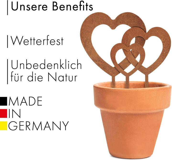 EXTRAVAGANT® 3er Set Herzen Stecker gross Gartendekoration Wohnungsdeko Metall Stahl Rost Edelrost w