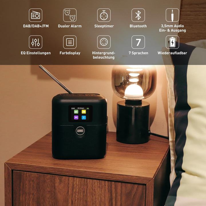 Wiederaufladbares DAB+/FM Radio mit Bluetooth Lautsprecher -August MB330- tragbarer Radiowecker mit