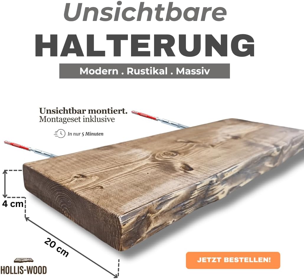 Wandregal schwebend, rustikale Designkante – Massivholz 40 mm, 20 cm tief, unsichtbare Halterung, ha