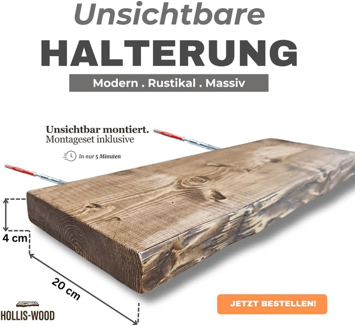 Wandregal schwebend, rustikale Designkante – Massivholz 40 mm, 20 cm tief, unsichtbare Halterung, ha