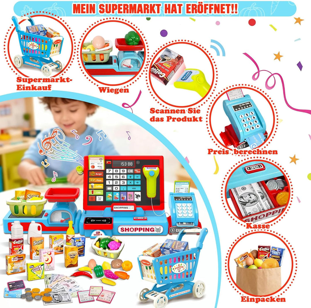Kasse Kinder Spielzeug, Kinderkasse mit Scanner, Sound, Rechnerfunktion, Spielgeld und Zubehör, Kauf