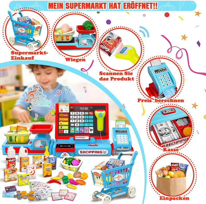 Kasse Kinder Spielzeug, Kinderkasse mit Scanner, Sound, Rechnerfunktion, Spielgeld und Zubehör, Kauf