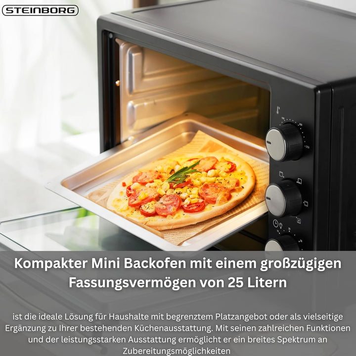 Steinborg® 25 Liter Mini Backofen mit Umluft Pizza Ofen inkl. Backblech und Grillrost Miniofen 60 Mi