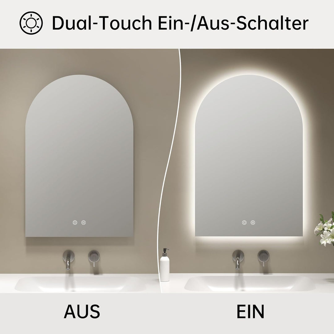 OUMUSU Badspiegel mit Beleuchtung Bogen 50x75 cm, Rahmenlos Badezimmerspiegel mit Beleuchtung, Gewöl